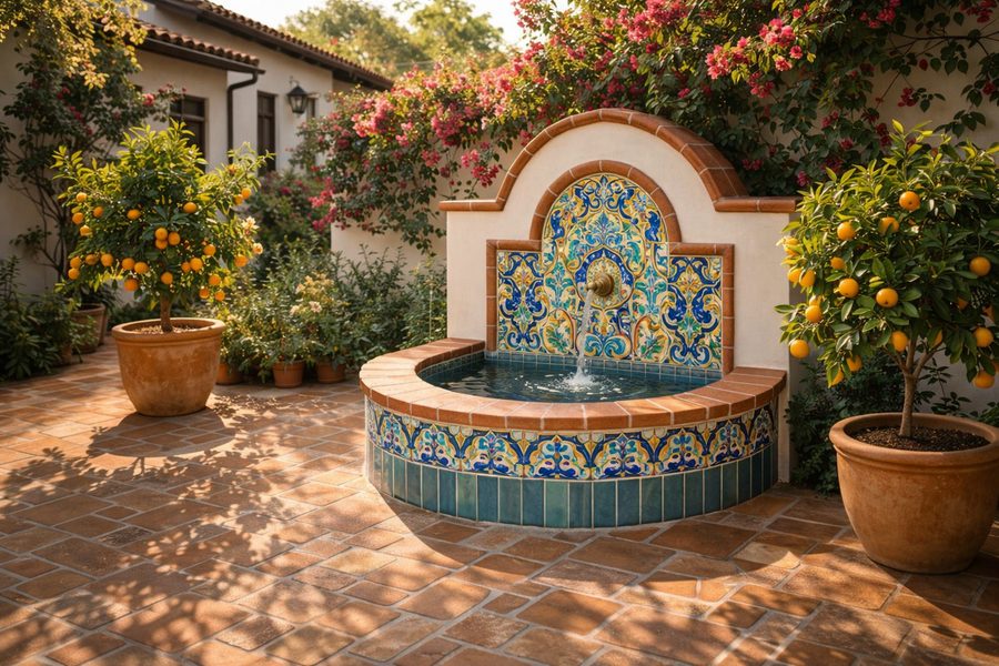 Courtyard with tile fountain